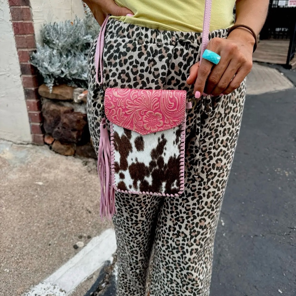 Western Tooled Leather and Cowhide Phone Crossbody